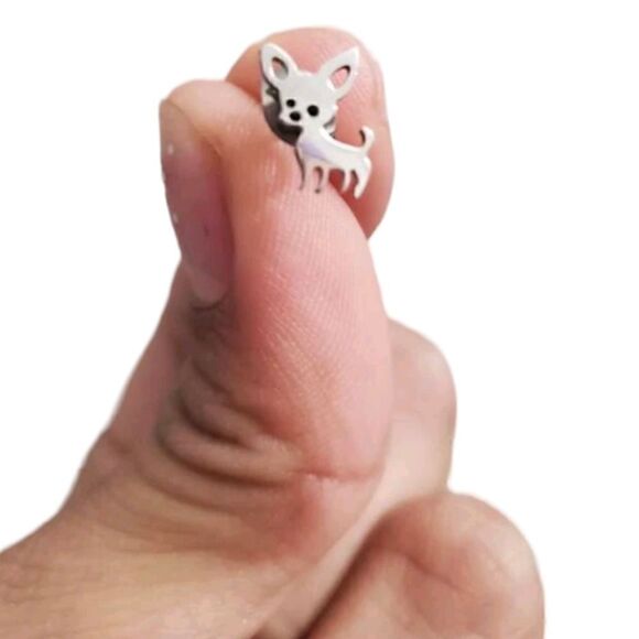 Chihuahua Small Minimalist Silver Stud Earrings - Picture 4 of 6